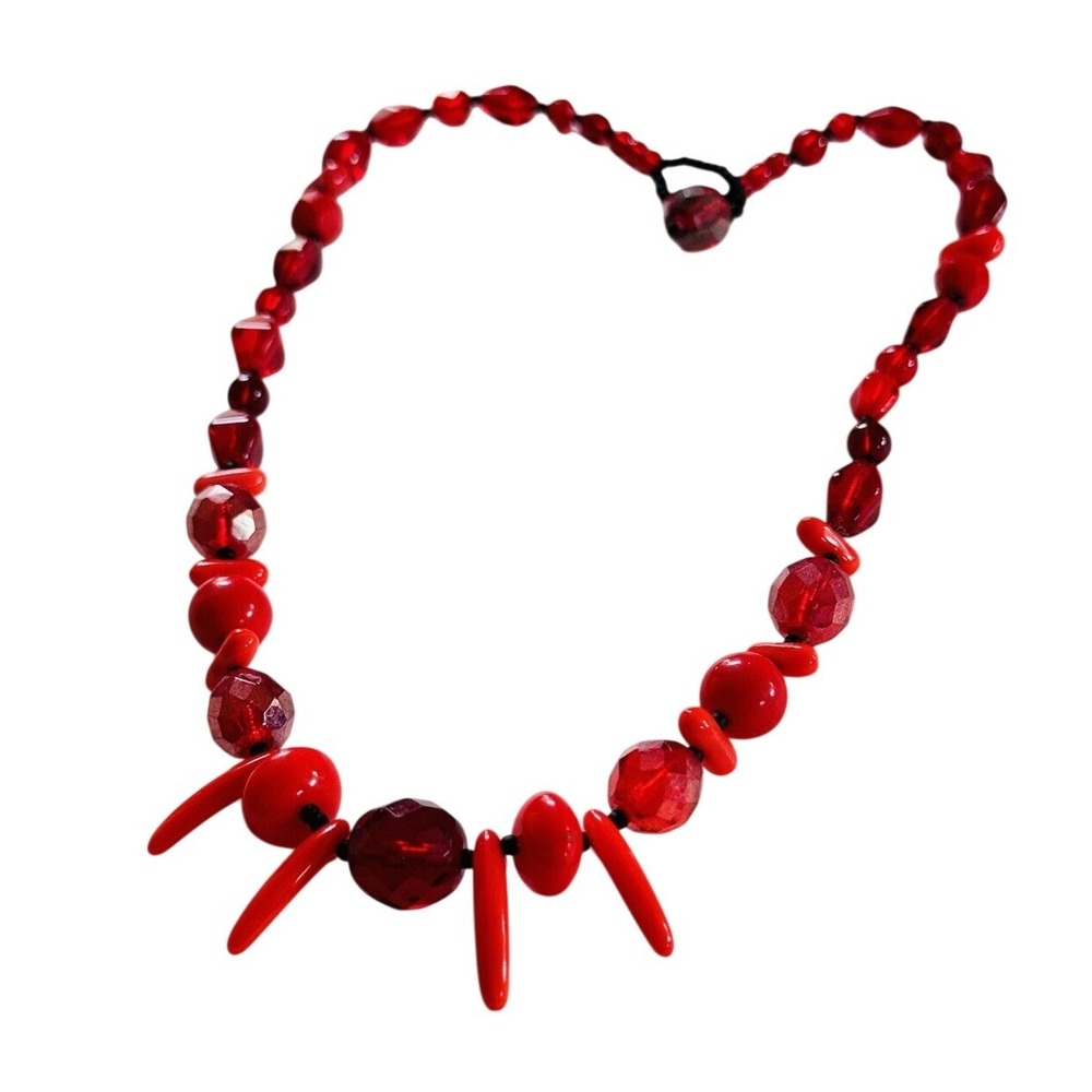 Vtg Red Necklace Czech Art Glass Beaded Crystal Strand Collar Choker Rare 17"‎
